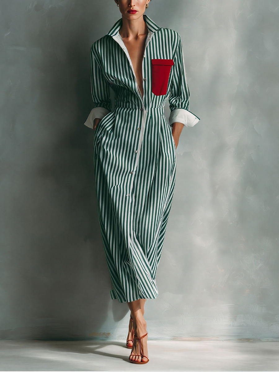 Vestido camisa a rayas azul y blanco de mezcla de algodón con bolsillo rojo en el pecho