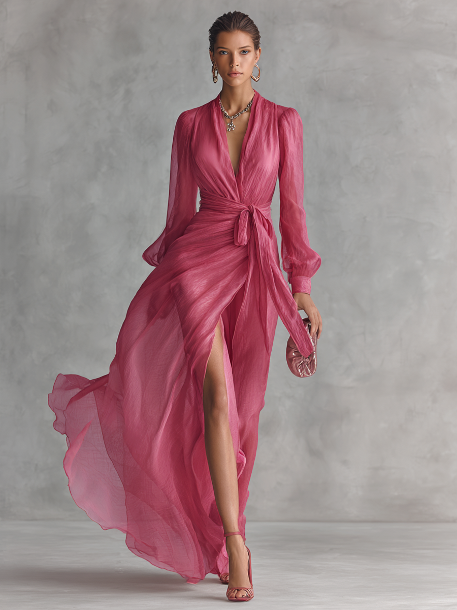 Vestido largo elegante de gasa con escote en V y perlas