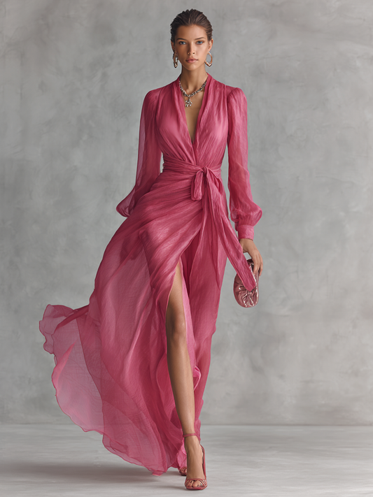 Vestido largo elegante de gasa con escote en V y perlas