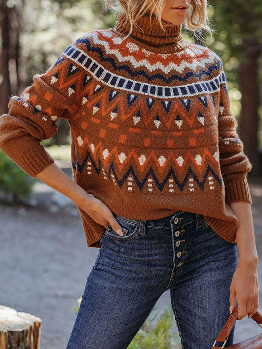 Vintage-Rollkragenpullover mit gestreiften Farbblöcken