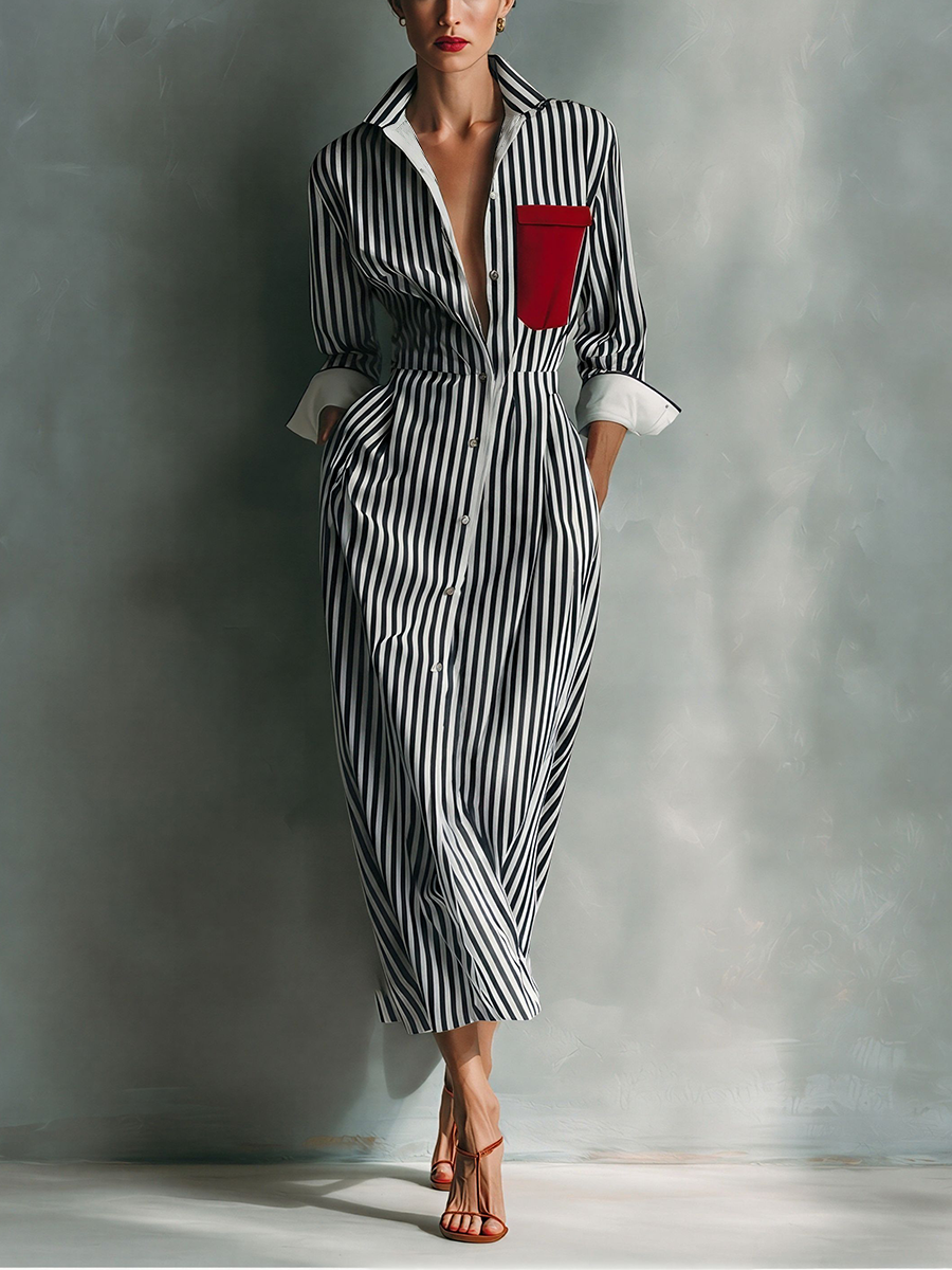 Vestido camisa a rayas azul y blanco de mezcla de algodón con bolsillo rojo en el pecho