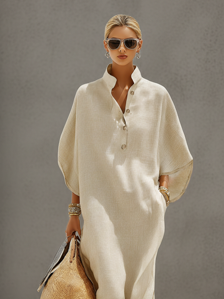 Vestido largo de lino con cuello mandarín