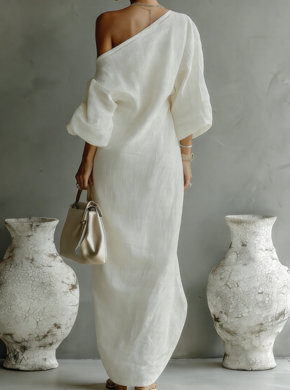 Vestido maxi blanco marfil de un solo hombro con abertura lateral de algodón y lino