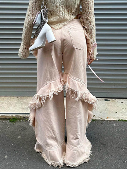 Vaqueros rosa con bordes sin rematar y talle bajo