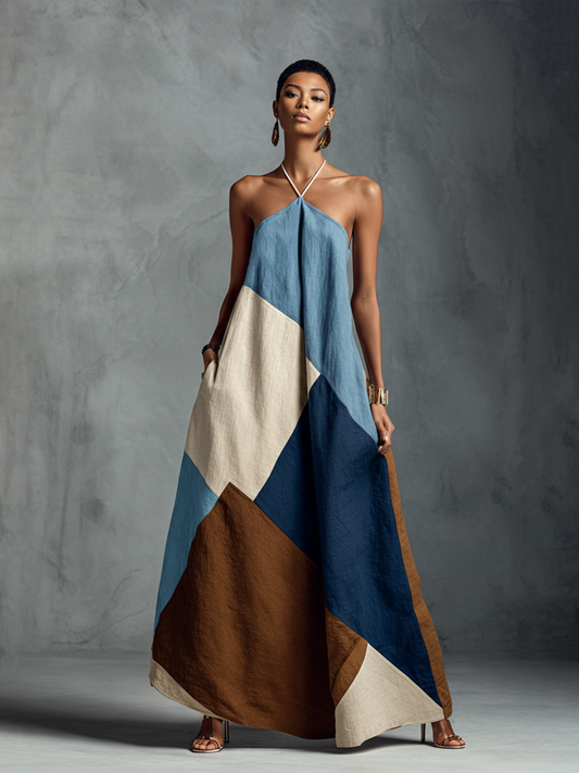 Vestido maxi halter patchwork bohemio de mezcla de algodón y lino multicolor