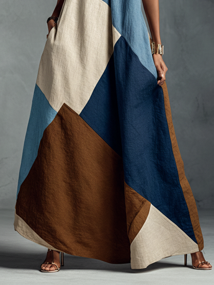 Vestido maxi halter patchwork bohemio de mezcla de algodón y lino multicolor