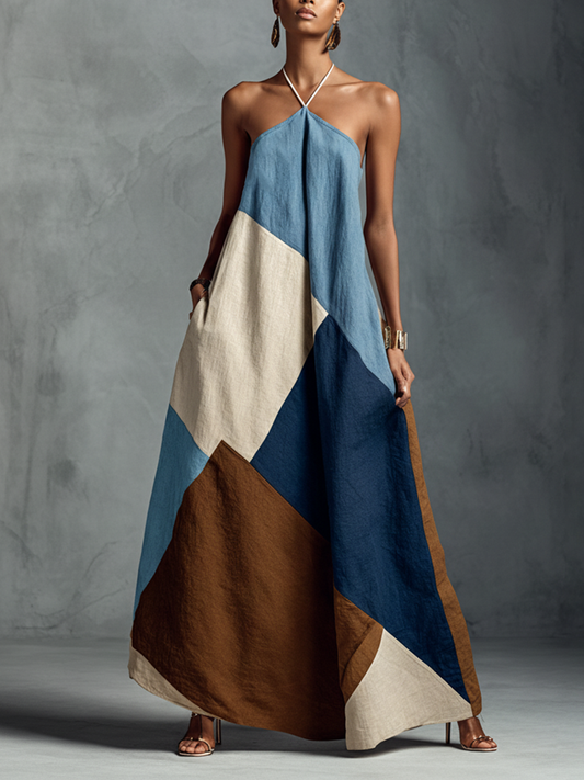Vestido maxi halter patchwork bohemio de mezcla de algodón y lino multicolor