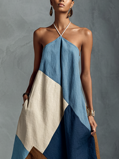 Vestido maxi halter patchwork bohemio de mezcla de algodón y lino multicolor