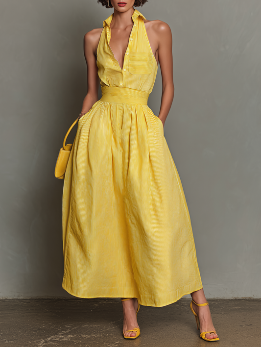 Vestido largo sin mangas minimalista de rayas para mujer con solapa