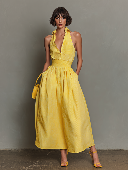 Vestido largo sin mangas minimalista de rayas para mujer con solapa