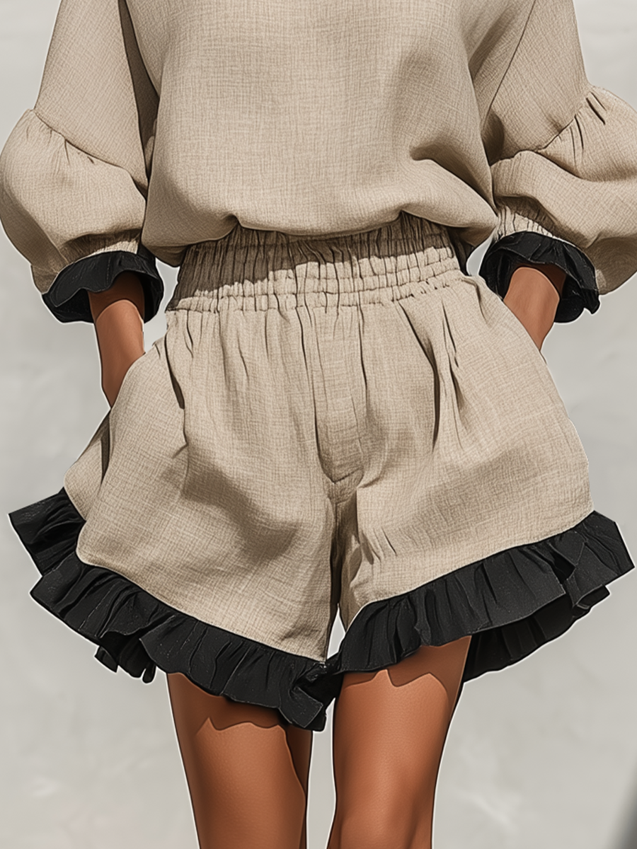 Conjunto de blusa y shorts beige de mezcla de lino con volantes