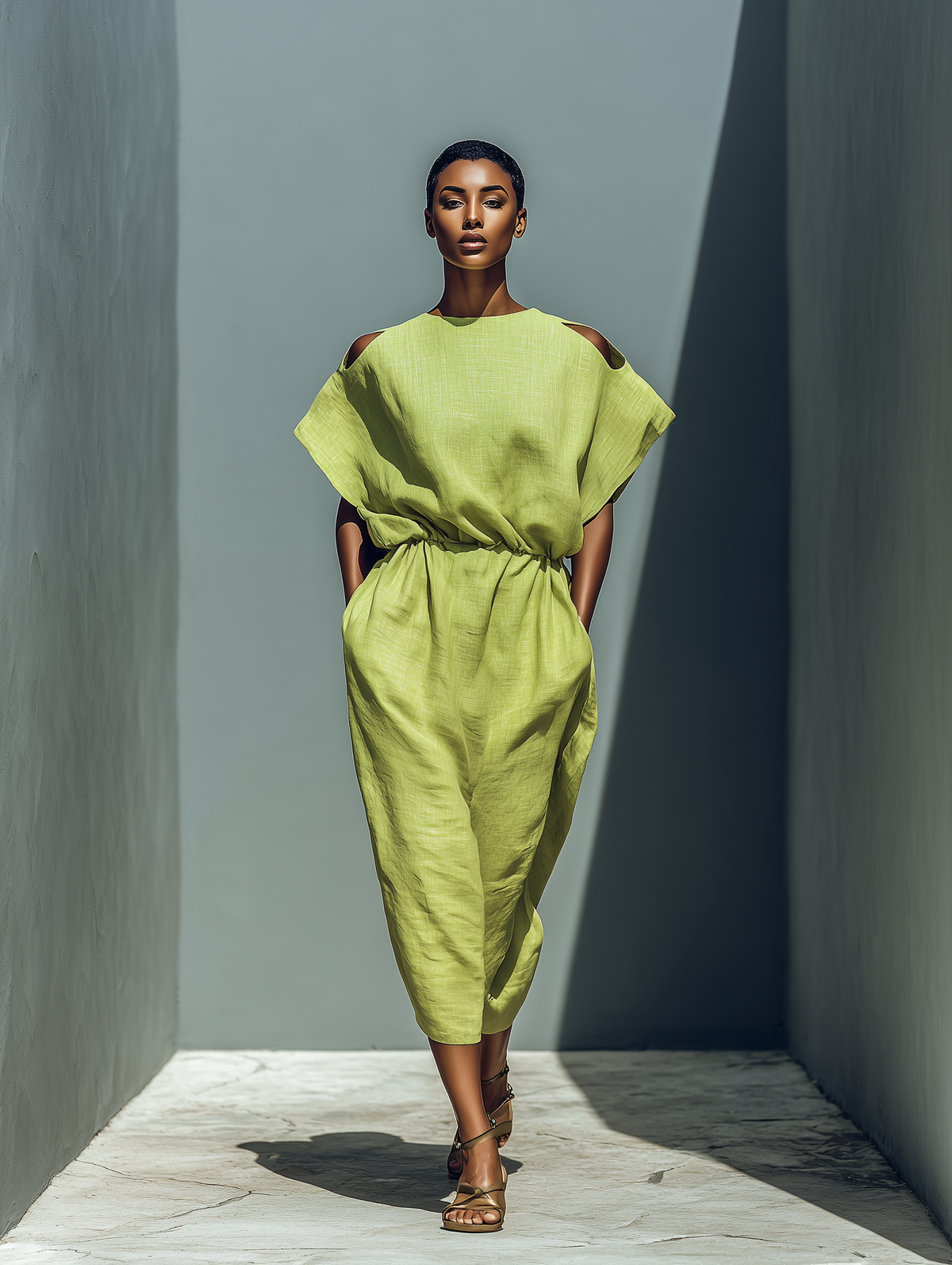 Vestido midi de lino mezcla verde lima con hombros descubiertos