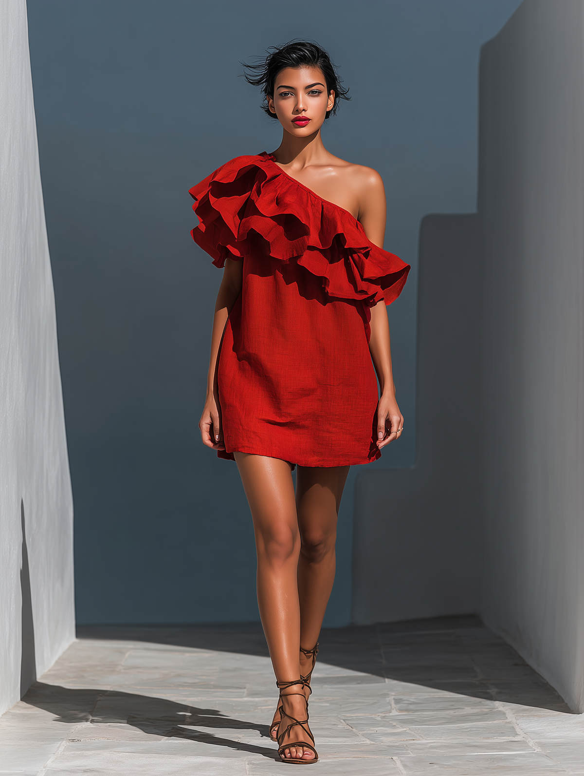 Vestido mini rojo de lino mezclado con un solo hombro y volantes en capas