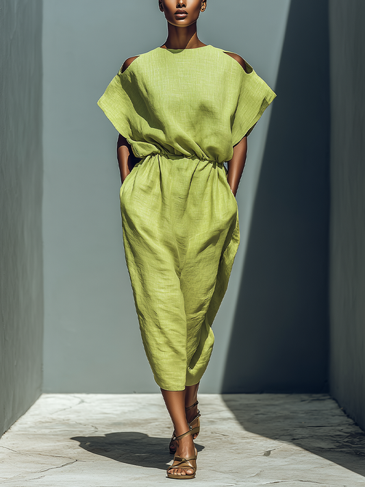 Vestido midi de lino mezcla verde lima con hombros descubiertos