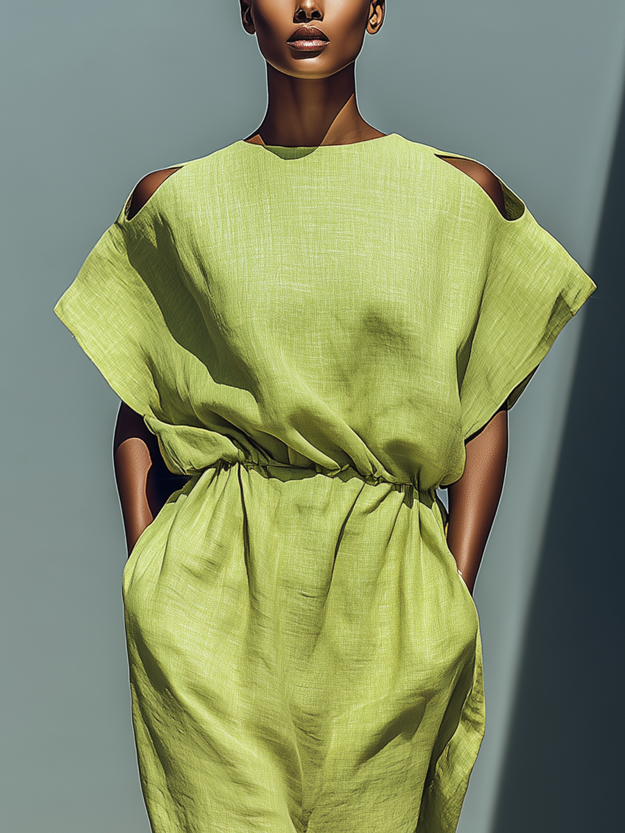 Vestido midi de lino mezcla verde lima con hombros descubiertos