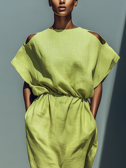 Vestido midi de lino mezcla verde lima con hombros descubiertos