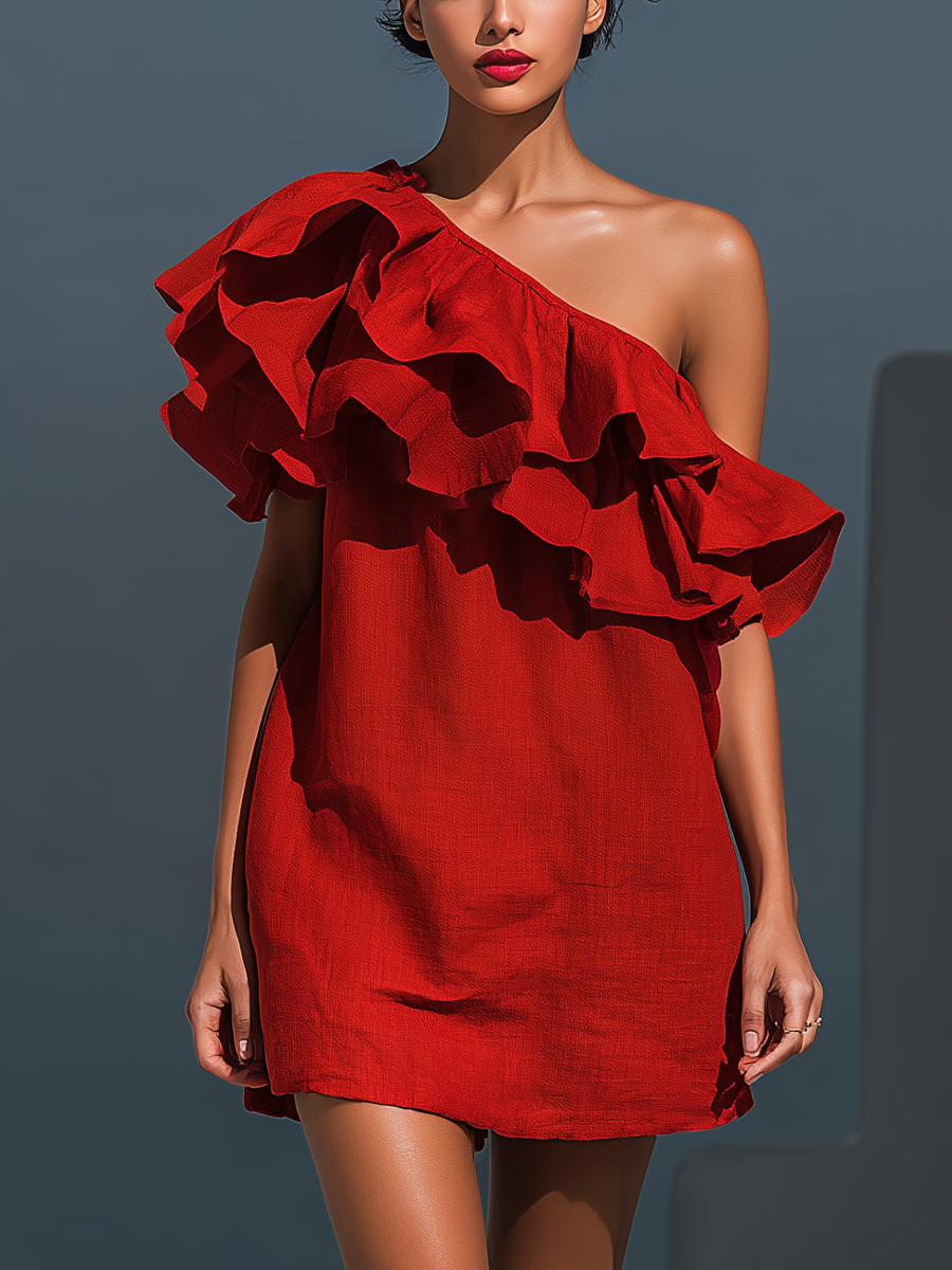 Vestido mini rojo de lino mezclado con un solo hombro y volantes en capas