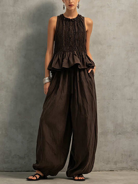 Conjunto de blusa sin mangas y pantalones de algodón y lino marrón oscuro