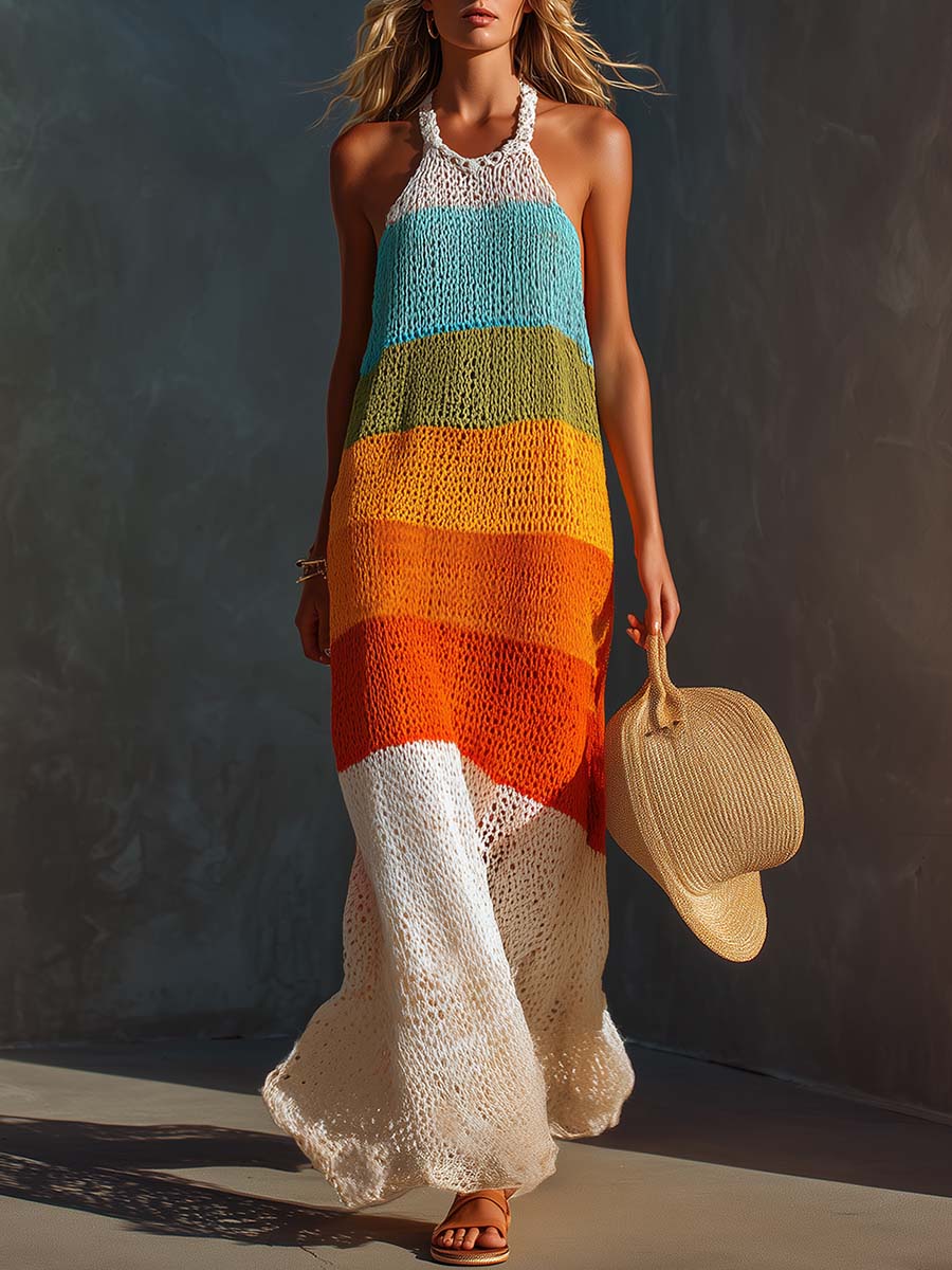 Vestido largo colorido de rayas con cuello halter