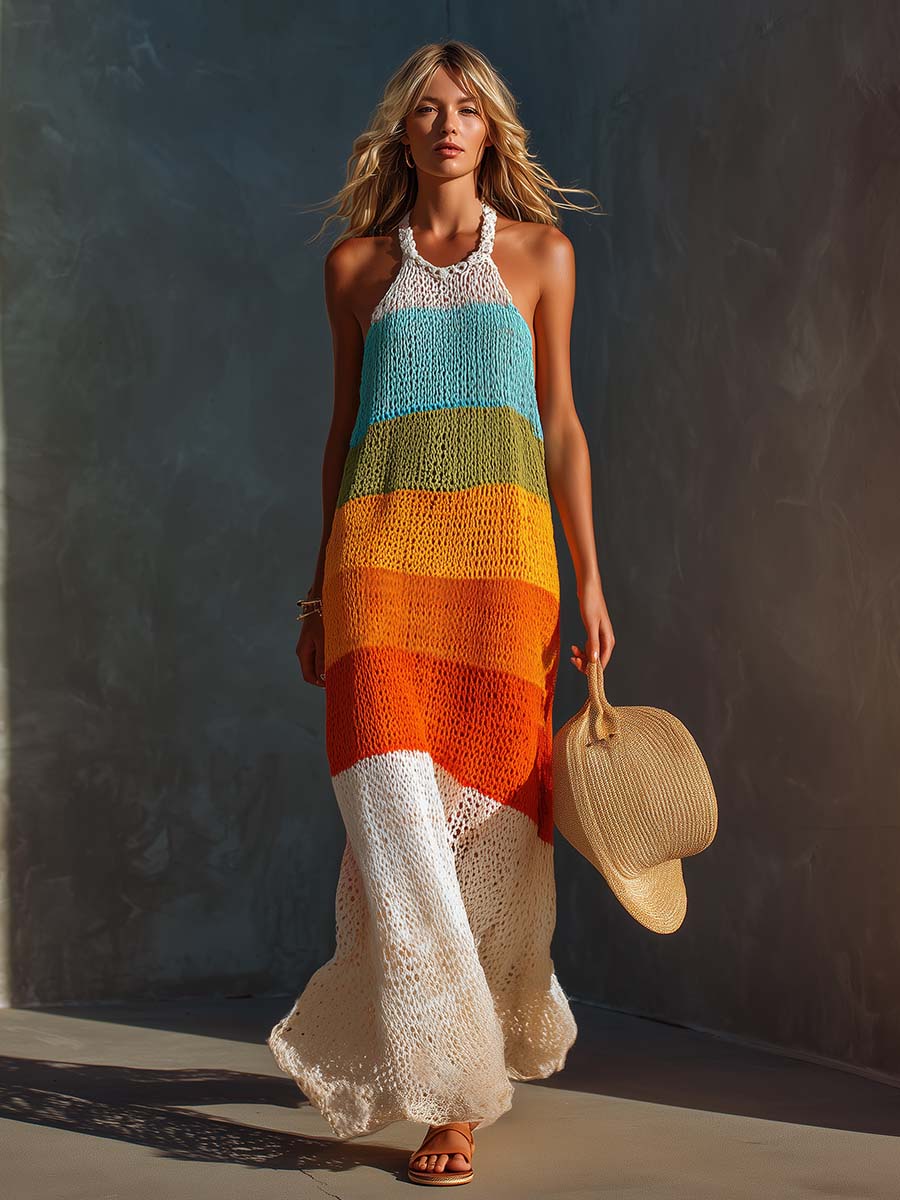 Vestido largo colorido de rayas con cuello halter