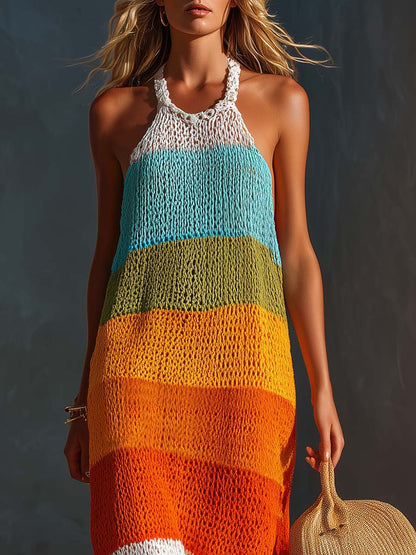 Vestido largo colorido de rayas con cuello halter