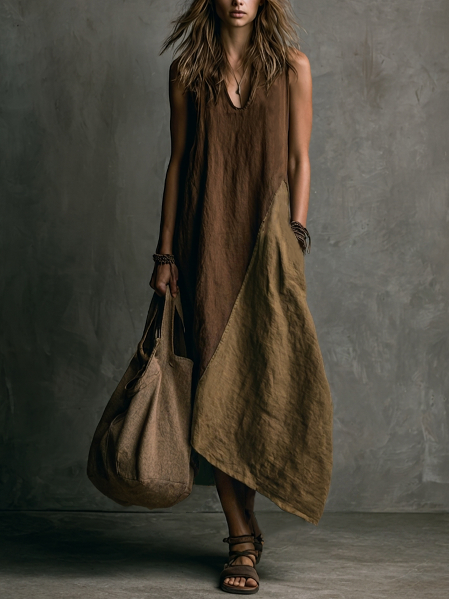 Vestido largo asimétrico sin mangas de algodón y lino en patchwork marrón y caqui con escote en V