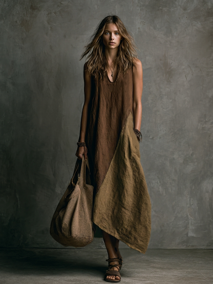 Vestido largo asimétrico sin mangas de algodón y lino en patchwork marrón y caqui con escote en V
