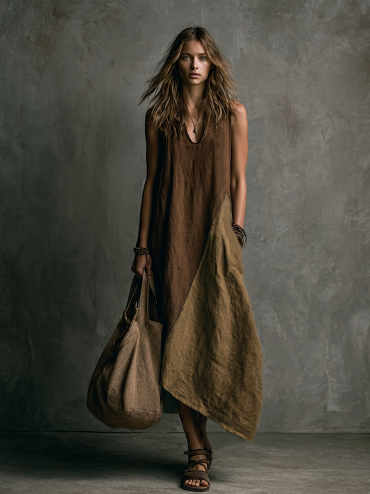 Vestido largo asimétrico sin mangas de algodón y lino en patchwork marrón y caqui con escote en V