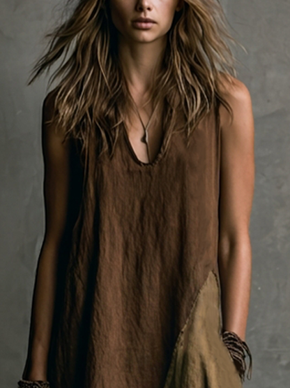 Vestido largo asimétrico sin mangas de algodón y lino en patchwork marrón y caqui con escote en V