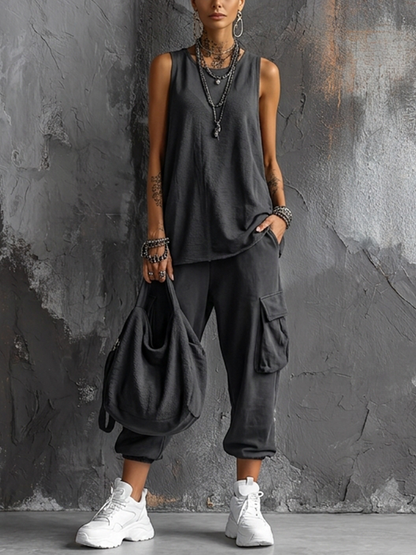 Conjunto de Top sin Mangas de Mezcla de Algodón Gris Oscuro Estilo Casual + Pantalones Cargo Jogger