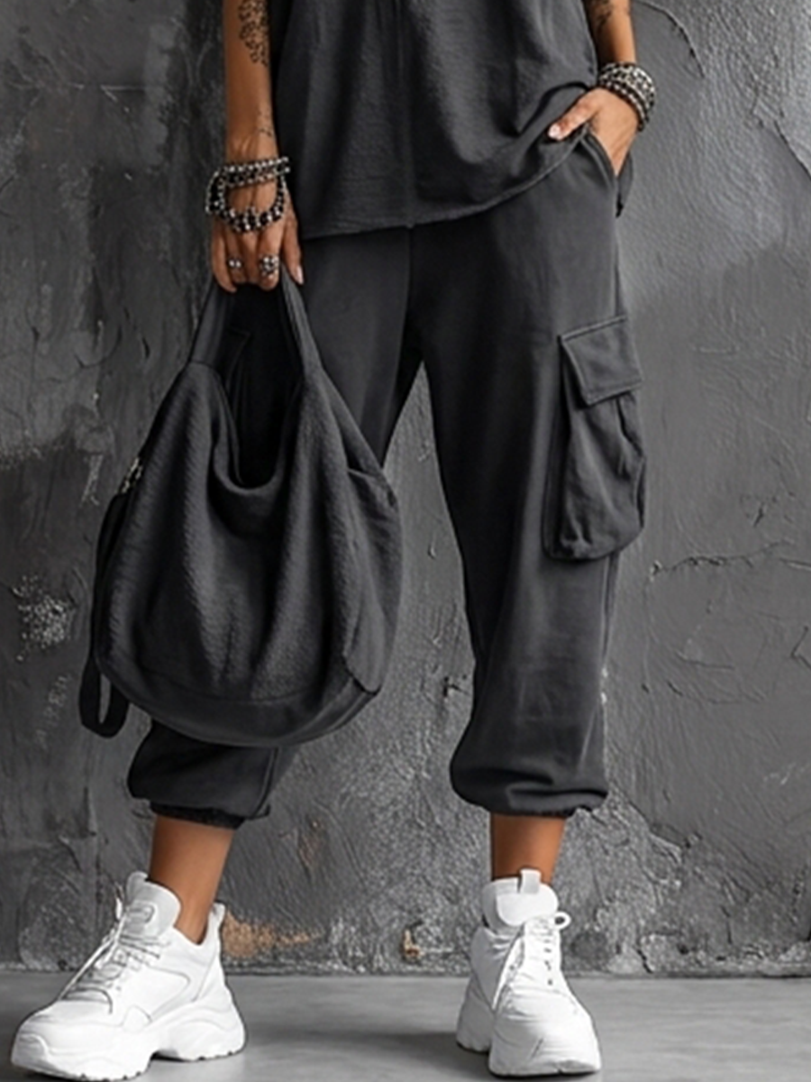 Conjunto de Top sin Mangas de Mezcla de Algodón Gris Oscuro Estilo Casual + Pantalones Cargo Jogger