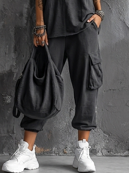 Conjunto de Top sin Mangas de Mezcla de Algodón Gris Oscuro Estilo Casual + Pantalones Cargo Jogger