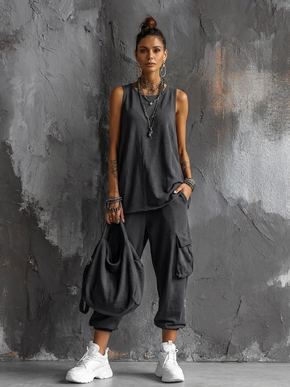 Conjunto de Top sin Mangas de Mezcla de Algodón Gris Oscuro Estilo Casual + Pantalones Cargo Jogger