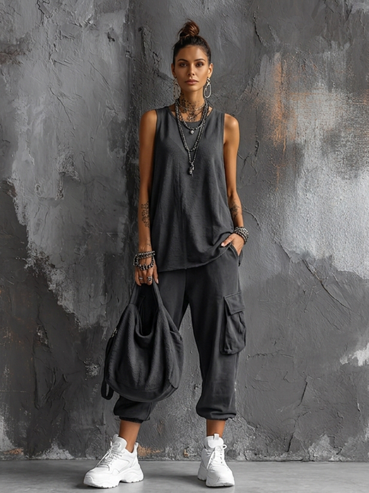 Conjunto de Top sin Mangas de Mezcla de Algodón Gris Oscuro Estilo Casual + Pantalones Cargo Jogger