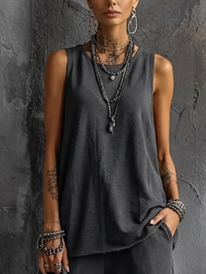 Conjunto de Top sin Mangas de Mezcla de Algodón Gris Oscuro Estilo Casual + Pantalones Cargo Jogger