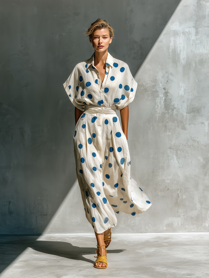 Vestido camisa de mezcla de lino con lunares