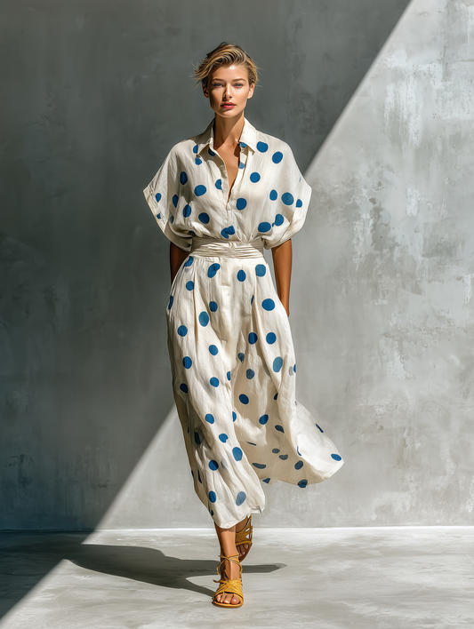 Vestido camisa de mezcla de lino con lunares