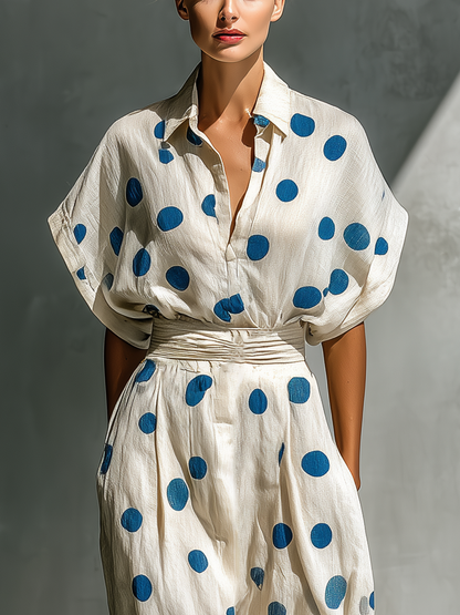 Vestido camisa de mezcla de lino con lunares