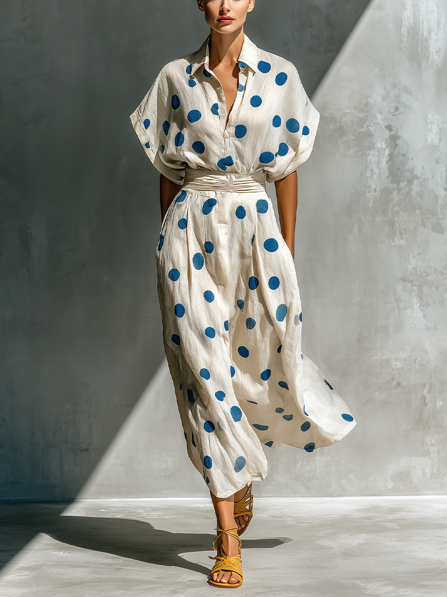Vestido camisa de mezcla de lino con lunares