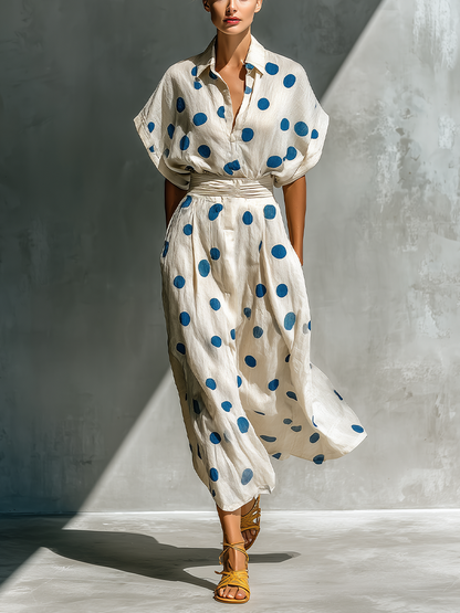 Vestido camisa de mezcla de lino con lunares
