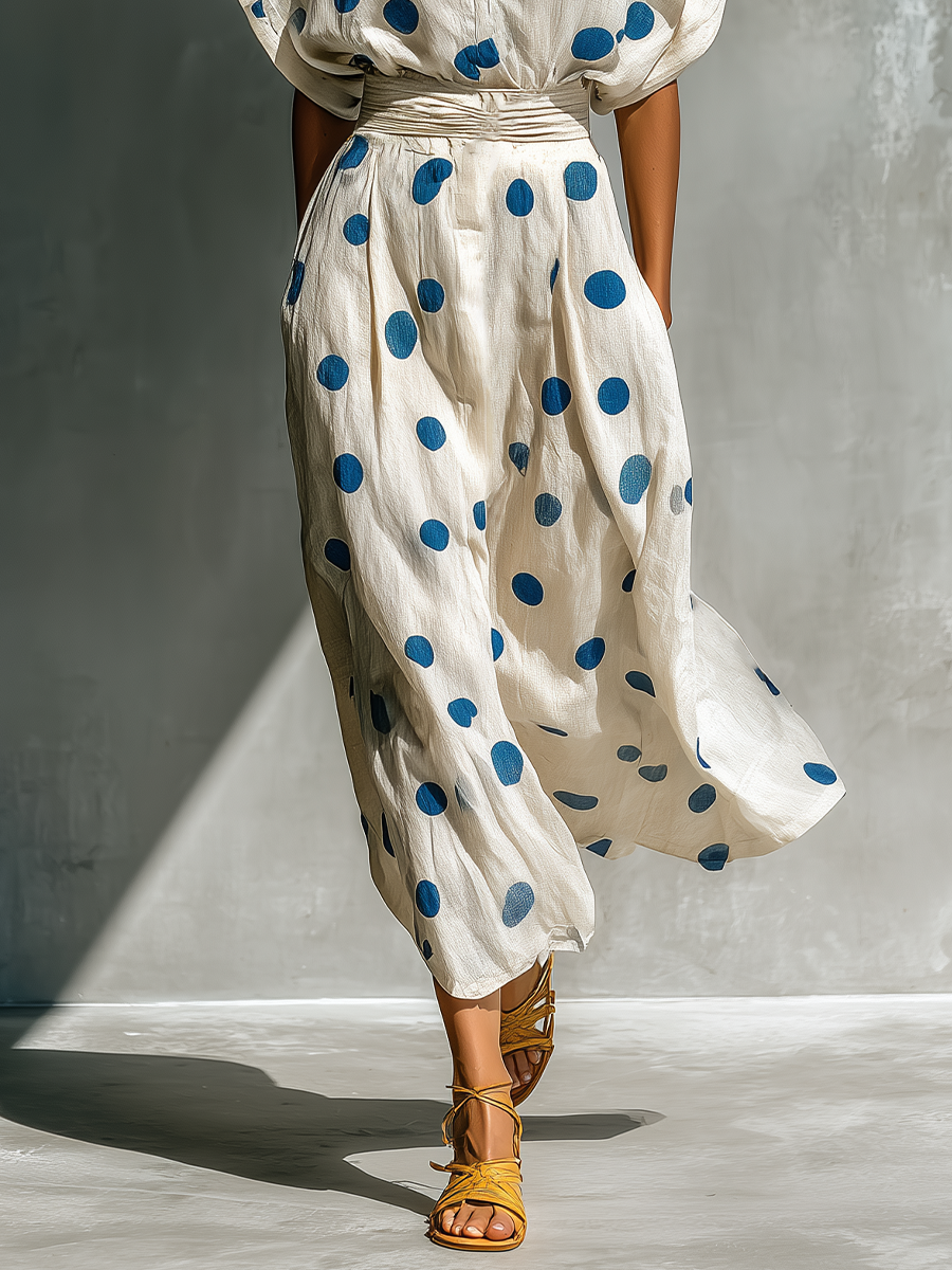 Vestido camisa de mezcla de lino con lunares