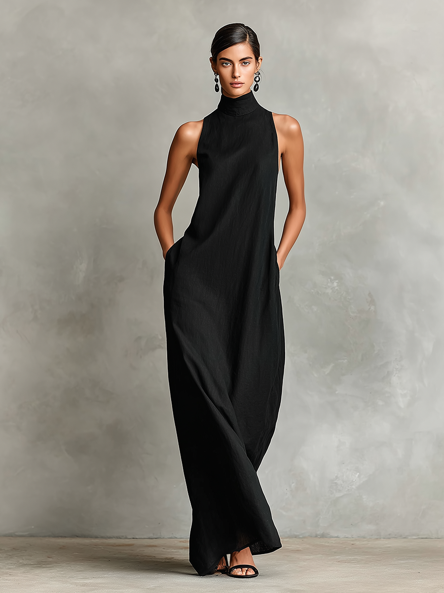 Vestido maxi de cuello alto con bolsillo