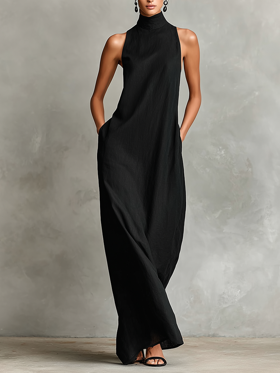 Vestido maxi de cuello alto con bolsillo