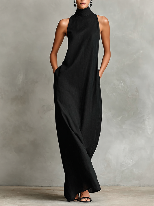 Vestido maxi de cuello alto con bolsillo