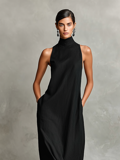 Vestido maxi de cuello alto con bolsillo