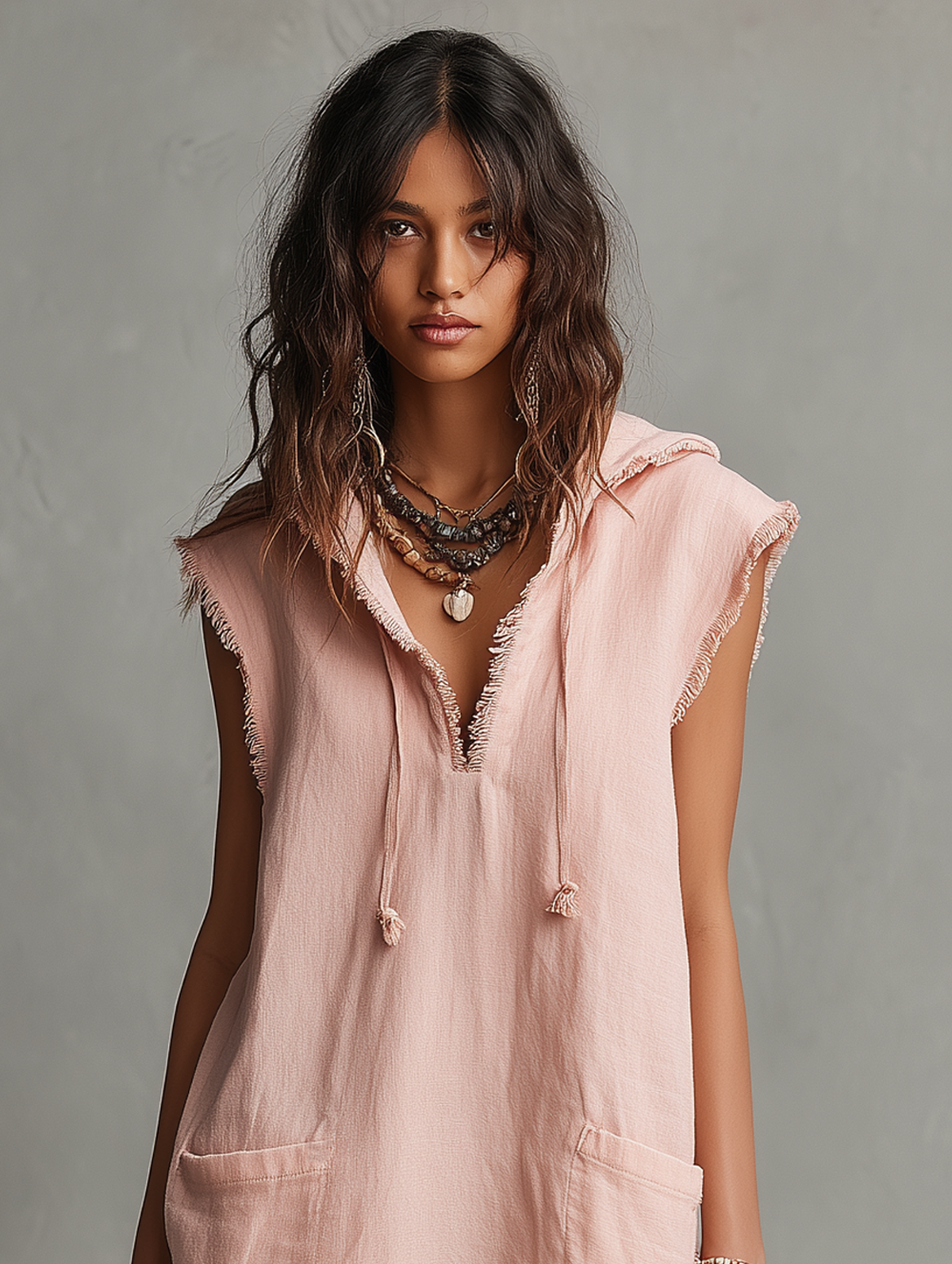 Vestido corto con capucha de mezcla de lino