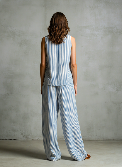 Conjunto de pantalón y camiseta de rayas con cuello en V