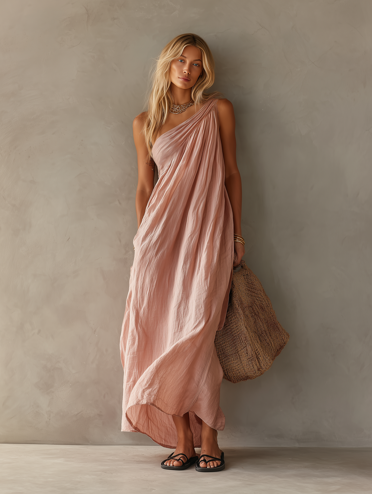 Vestido maxi de algodón y lino con un solo hombro