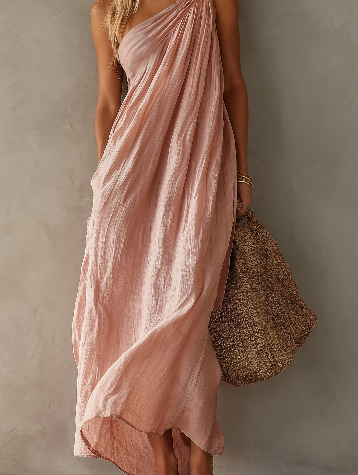Vestido maxi de algodón y lino con un solo hombro