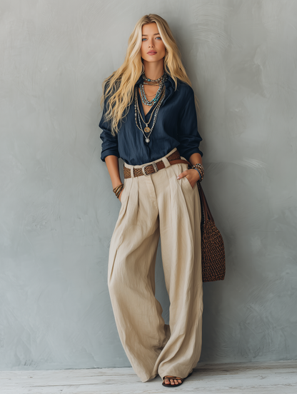 Conjunto de pantalón y suéter de algodón y lino